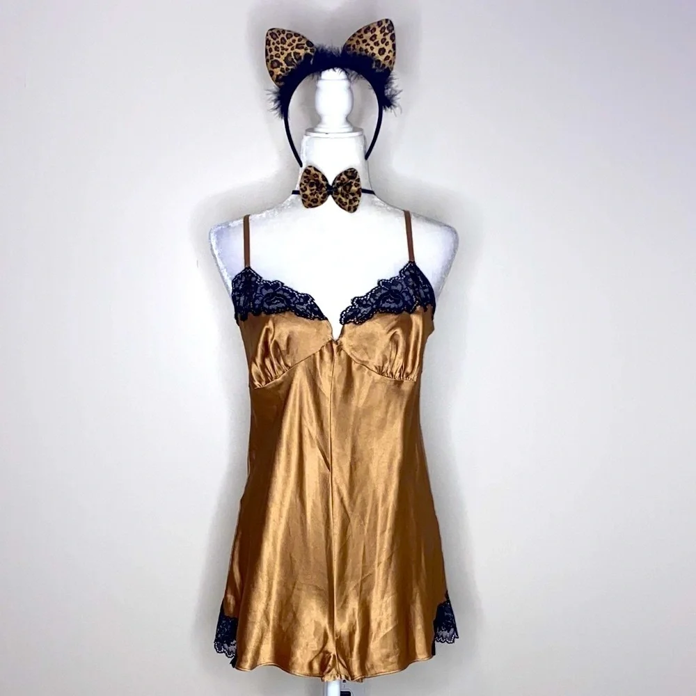 Victoria's Secret vintage Satin Romper with Black Lace